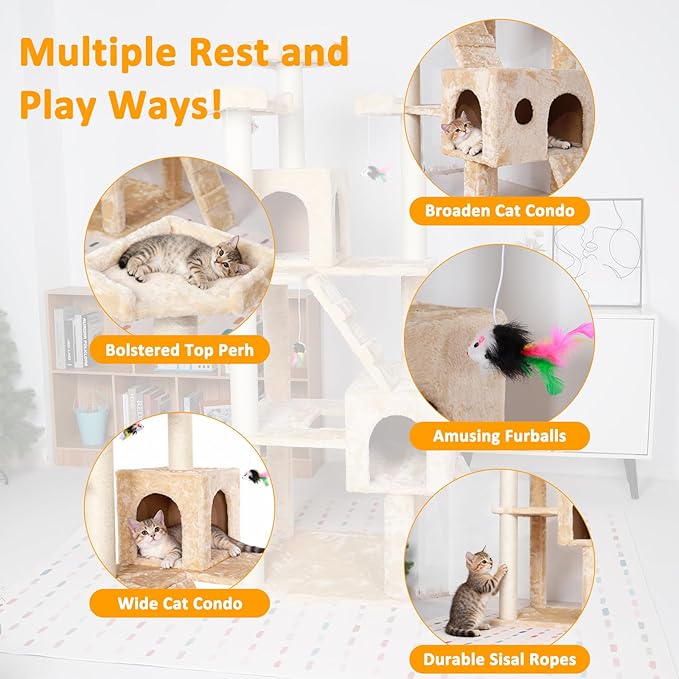 Extra Large Platform Cat Tree 69in Sturdy Cat Scratching Tree for Indoor Cats Large Adult Big Cat Perch Tower with 3 Padded Perches 5 Scratching Posts Cat Condo Hammock Beige