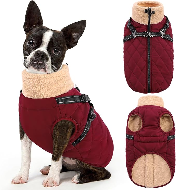 Queenmore Dog Winter Jacket, Dog Coats for Large Dogs, Warm Cozy Pet Jacket Winter with Harness Built in, Waterproof Pet Snow Jacket, Thick Fleece Lining Snowsuit for Large Dogs, Burgundy L