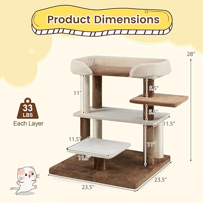 PETSITE 28-inch Small Cat Tree, Multi-Level Modern Cat Tree Tower with Sisal Scratching Posts, Multiple Jumping Platforms, and Soft Spacious Top Perch, Ideal for Elder Cats