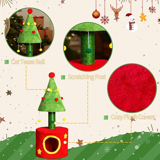 Christmas Cat Tree, 30in Cats Scratching Post with Cat House for Indoor Kitten, Cats Tree Tower with Sisal Post and Cute Hanging Balls, for Indoor Bedroom Living Room