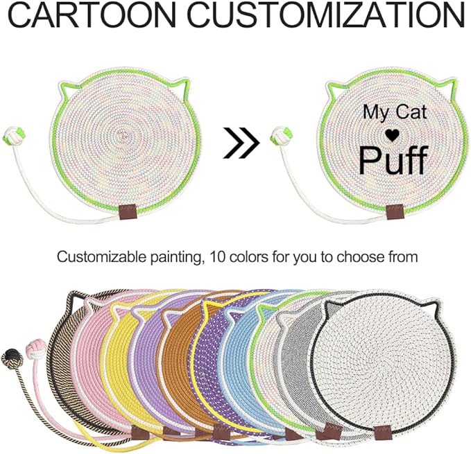 Personalized Cat Scratcher Mat, Customized with Name Text Natural Cotton Rope Round Horizontal Cat Scratching Pads with Ball Toy, Cat Furniture Protector for Wall, Couch, Carpets, Sofa (Green)