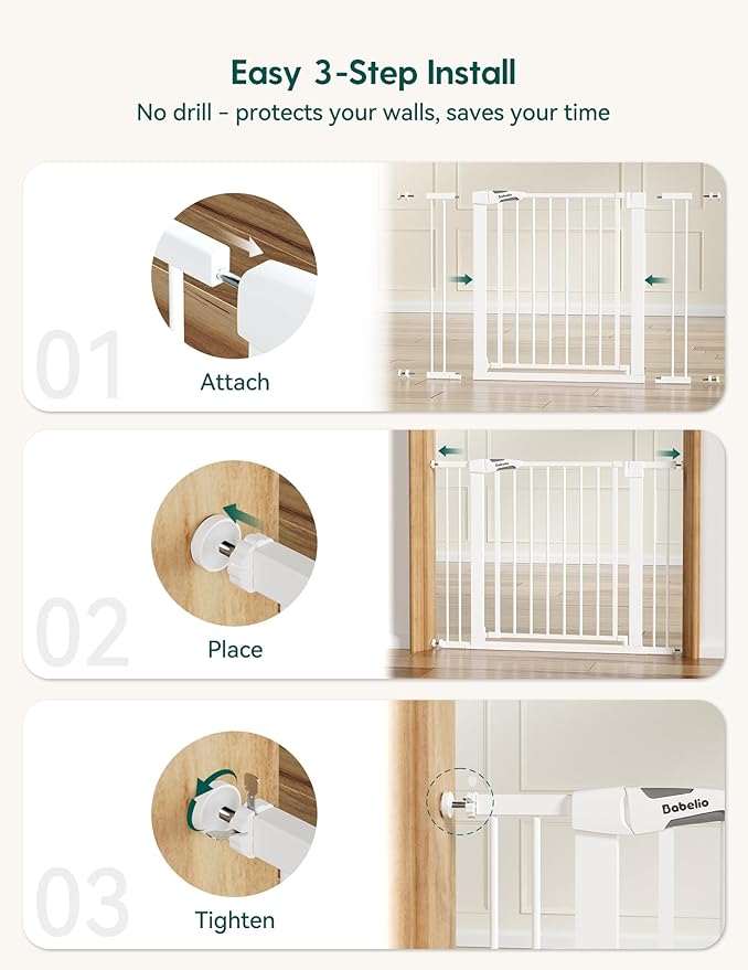 Babelio 36" Tall Dog Gate PressGuard C5, 26-40" Wide Auto Close Baby Gate, Pressure Mounted Metal Pet Gate, Easy Install No Drilling, No Tools Needed, with Wall Protectors and Extension Kits, White