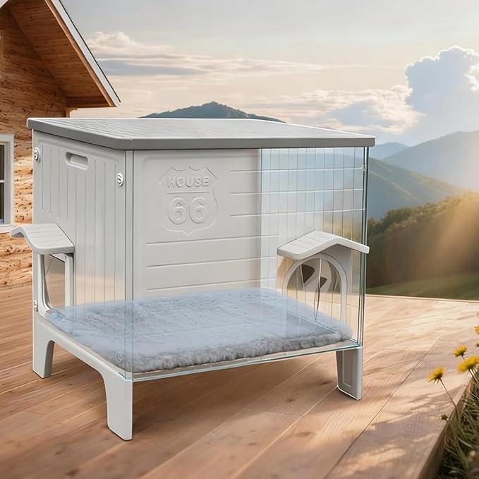 Plastic Insulated Dog House with Mat Weatherproof for Elevated Dog Shelter, Easy Assemble, Expansive Interior‌ Grey 26.7" D * 26.7" W * 21.4" H