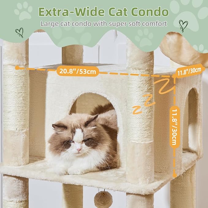 Taoqimiao 71 Inches Cat Tree for Large Cats 20lbs+, 3 Giant Perches, Multi-Level Cat Tree Tower, Widened Cat Condo with 9 Scratching Posts, Luxurious Hammcock & Basket, Beige, MS034M