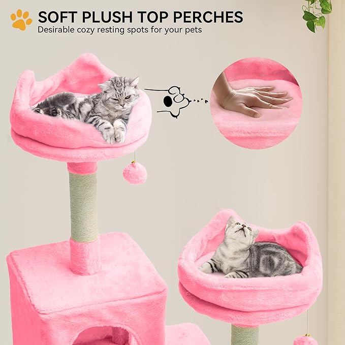 YITAHOME 75-Inch Tall Cat Tree Indoor: Multi-Level Kitten Tower with Kitty Condos, Top Perches, Sisal Ramp, Scratching Posts & Cozy Basket Hammocks Pet Play House Pink