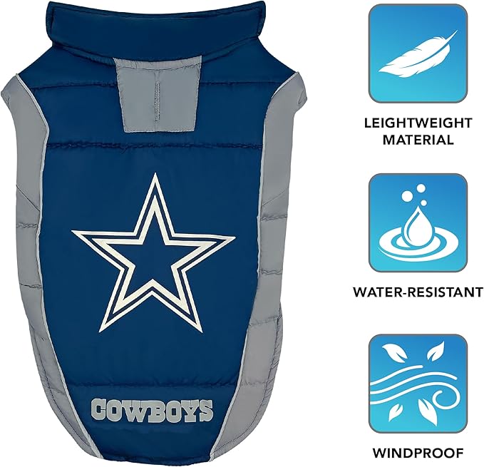 NFL Dallas Cowboys Puffer Vest for Dogs & Cats, Size Small. Warm, Cozy, and Waterproof Dog Coat, for Small and Large Dogs/Cats. Best NFL Licensed PET Warming Sports Jacket