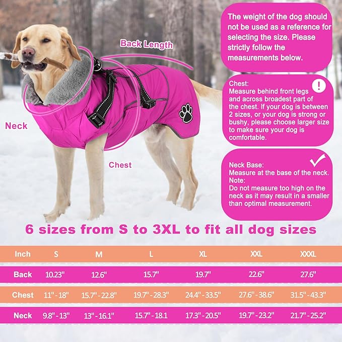 Doglay Dog Coat with Harness, Reflective Warm Dog Jacket Waterproof Puppy Winter Coat for Cold Weather, Adjustable Fleece Jacket for Small Medium Large Dogs