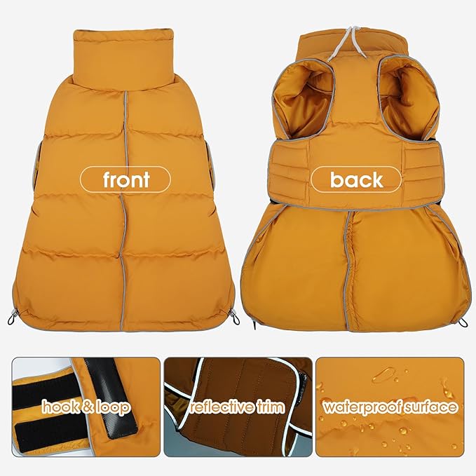 FUAMEY Dog Puffer Jacket for Medium Dogs,Dog Cold Weather Coats Winter Dogs Down Jackets Waterproof Pet Snowsuits Warm Puppy Winter Vest Turtleneck Pets Adjustable Jackets Coats Mustard Yellow M