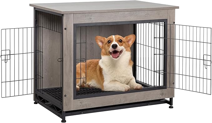 Shintenchi Dog Crate Furniture, Double-Doors Kennel Indoor with Removable Tray, End Table Dog House for Small Medium Breed, 32.5" L, Grey
