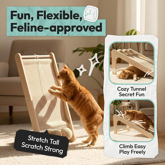 Cat Scratcher for Indoor Cats, L-Shaped Cat Scratching Board & Ramp, Solid Wood Cat Scratch Pad, with Hanging Ball & 3 Bottom Play Balls, Ideal for All Cats (Wood Grain, L)