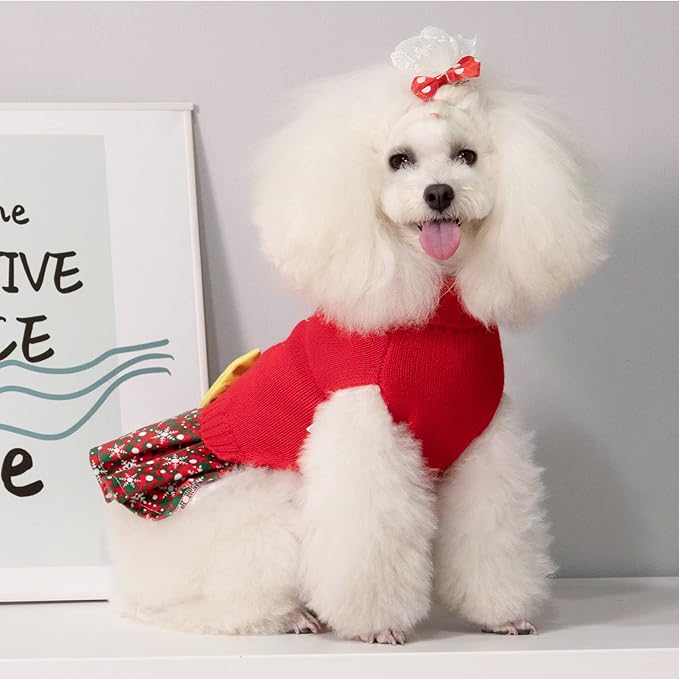 CuteBone Christmas Dog Sweater Dress Turtleneck Puppy Sweater with Bowtie Harness Hole Pullover Winter Dress for Small Dogs