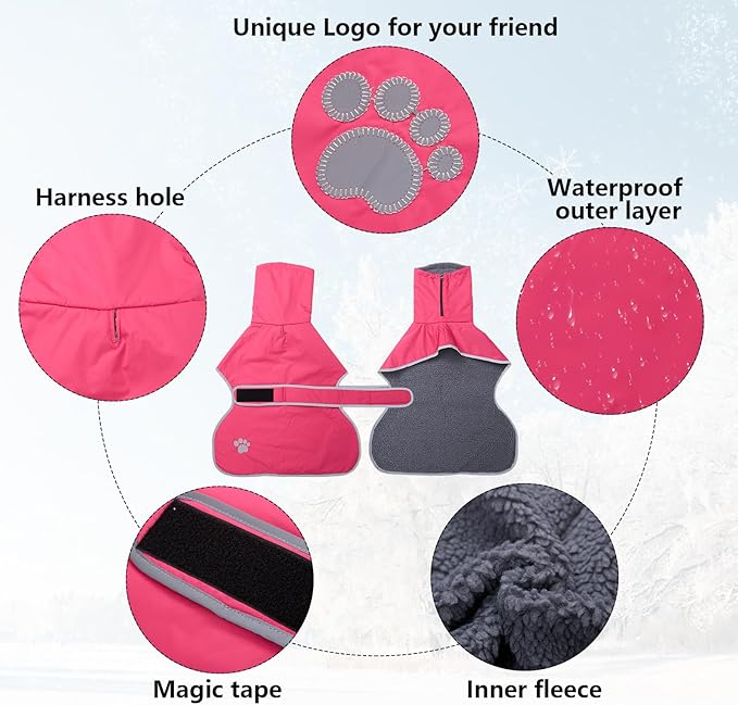 Geyecete Dog Winter Coat Geyecete Greyhound Raincoat Fabric with Lamb Velvet Inside Outdoor Dog Apparel with Adjustable Bands for Medium, Large Dog-Pink-S