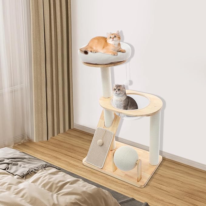 Multifunctional Cat Tree, Wooden Cat Tower with Scratching Post, Pad, Rolling Ball, Space Capsule, Perche Indoor Activity Center for Kitten