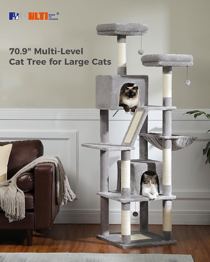 PEQULTI 71'' Cat Tree for Indoor Cats with Big Hammock, Tall Cat Tower for Large Cats with 2 Cat Condo, 2 Soft Top Perch, Scratching Posts and Pad, Grey