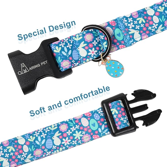 ARING PET Easter Dog Collar, Cute Blue Rabbit Bunny Egg Floral Pet Collars with Quick Release Buckle for Puppy Small Medium Large Boy Girl Dogs-S