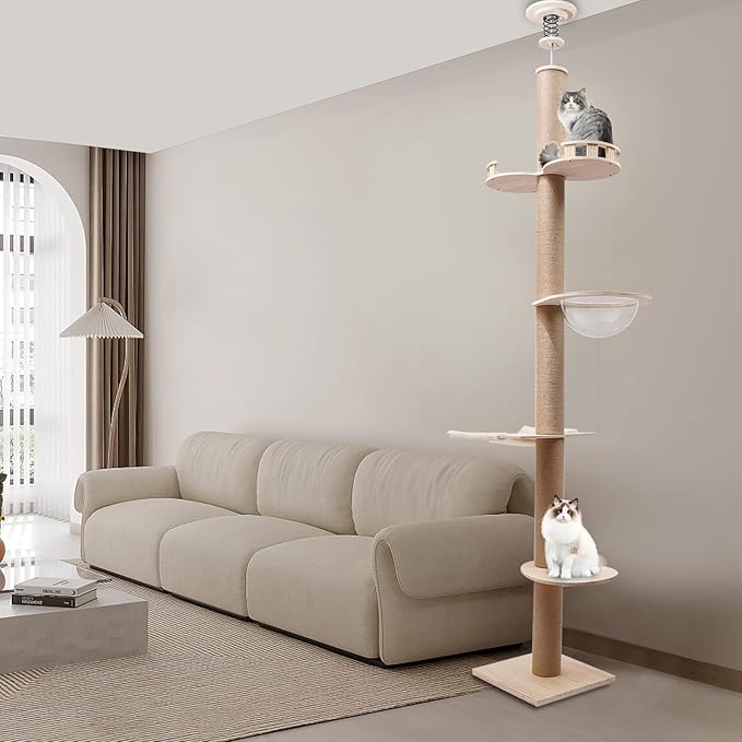 Tall Floor to Ceiling Cat Tree, 33lbs Load Wooden Cat Tower with Scratching Post and Springboard, Adjustable Height Cat Climbing Tower for Living Room, Bathroom, Balcony