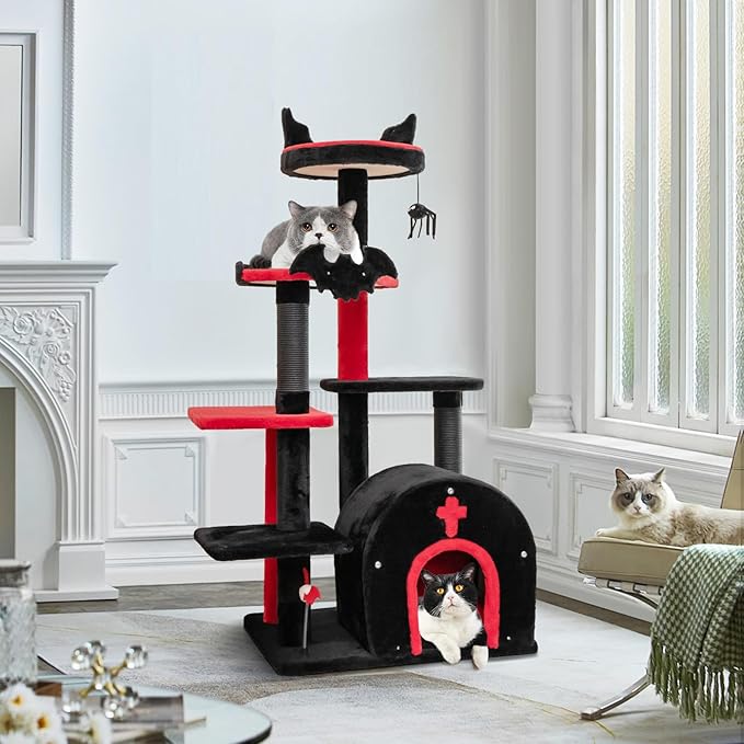 Tangkula Gothic Cat Tree, 53 Inch Black Cat Tower with Coffin Bed, Condo, Scratching Posts, Spider Pompom & Spring Balls, Halloween Pet Furniture, Spooky Goth Cat Tree for Indoor Cats