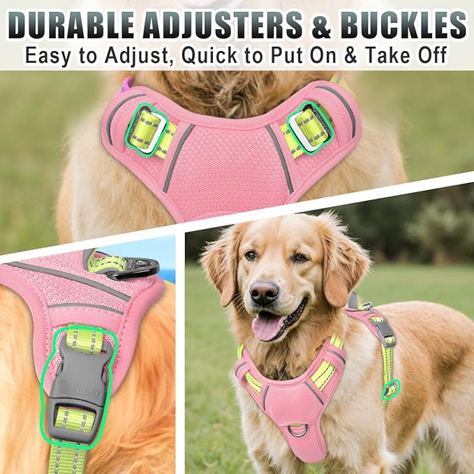 BARKBAY No Pull Dog Harness Large Reflective Dog Harness with Front Clip and Easy Control Handle for Walking Training Running with ID tag Pocket(Baby Pink & Sunlight,L)