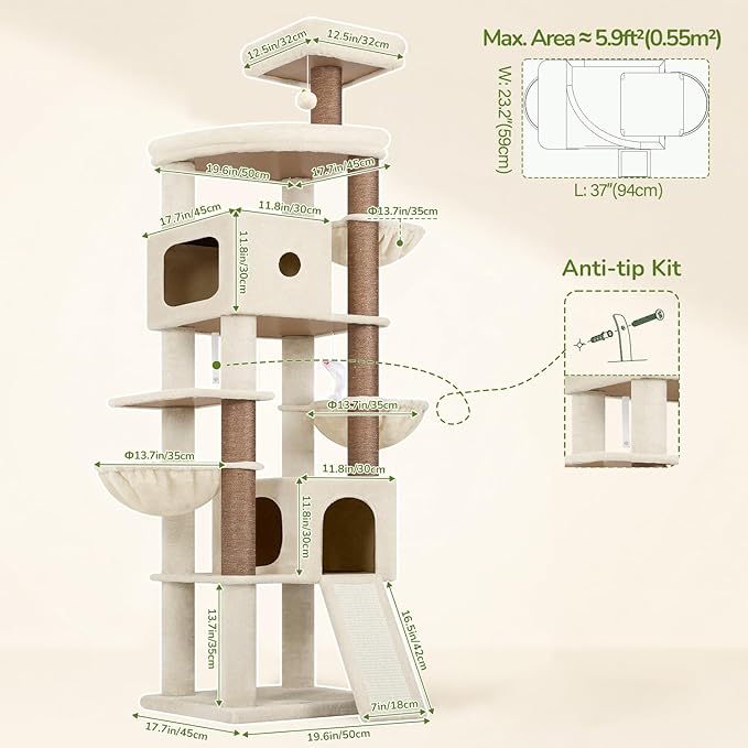 Globlazer Heavy Duty Cat Tree, 83 Inch Giant Cat Tower with 7 Scratching Posts, Multi-Level Large Cat Condo for Indoor Cats Large Adult, 2 Perchs, 3 Sturdy Hanging Baskets, Cat Toys, F83C, Beige