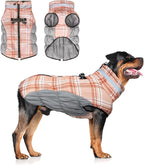BEAUTYZOO Dog Winter Coat with Harness Built in, Reflective Plaid Puffer Vest Waterproof for Large Dogs, Fleece Warm Puppy Zipped Jacket with D Ring, Pet Cold Weather Sweater Clothes, Brown L
