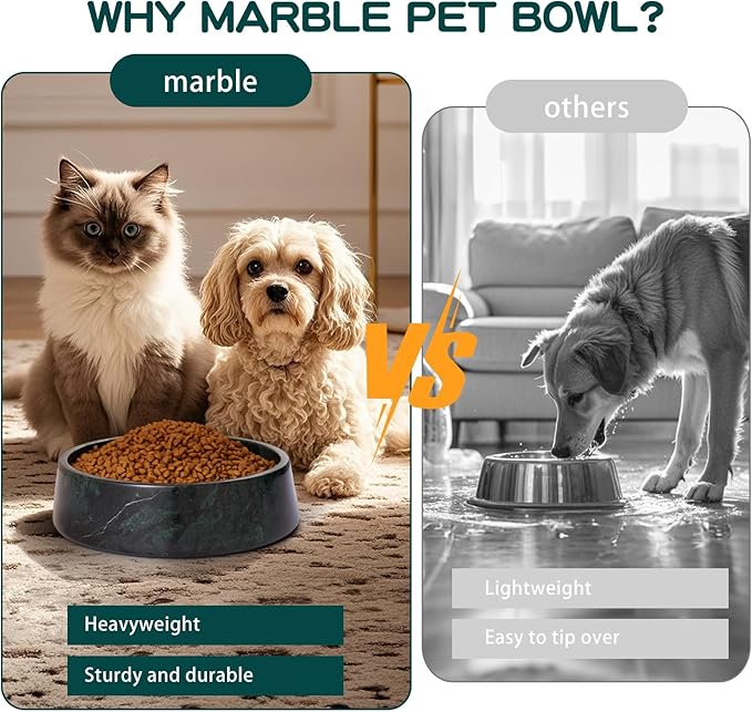 Green Marble Dog Bowl, Non-Slip Dog Food Water Bowl, Large Weighted Stone Dish, Natural Marble Heavy Pet Bowl, Easy to Clean, Gifts for Cat Lovers, Perfect Cat Dog Gifts, Holds 6 Cups(6 lbs)
