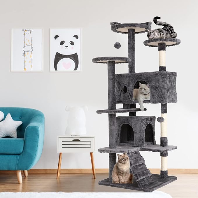 Cat Tree for Indoor Cats Cat Condo Cat Tower with Scratching Post Cat Tease Ball Perches Platform for Small and Medium Cats 54 Inch Multi-Level, Ashy