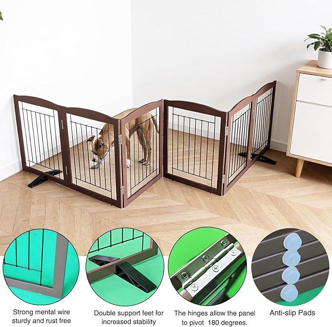 Dog Fence Indoor,Dog Gate Indoor for Doorway pet gate -6-Panel Freestanding, Hallways, House or Stairs -120x32-Inch Retractable Foldable Expandable Wood Pet by SFJC (Brown) ﻿