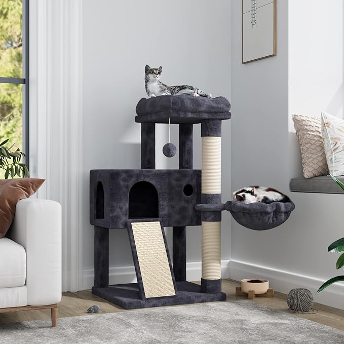 IMUsee 36 Inches Cat Tree Condo with Sisal Scratching Posts, Scratching Board, Plush Ball and Middle House, Cat Tower Furniture Kitty Activity Center Kitten Play House, Dark Blue