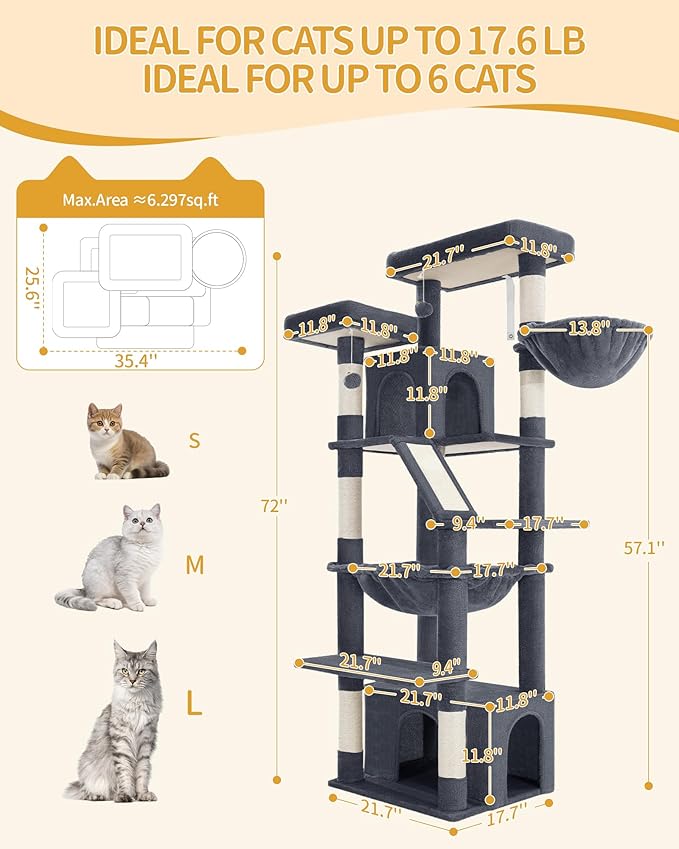 Large Cat Tree, 72 Inch Tall Indoor Cat Tower for 6 Large Cats, Corner Climbing Activity Pet Condo with 2 Large Platforms/2 Cats House/6 Scratching Post/1 Hanging Basket, Dark Gray MS18318SG