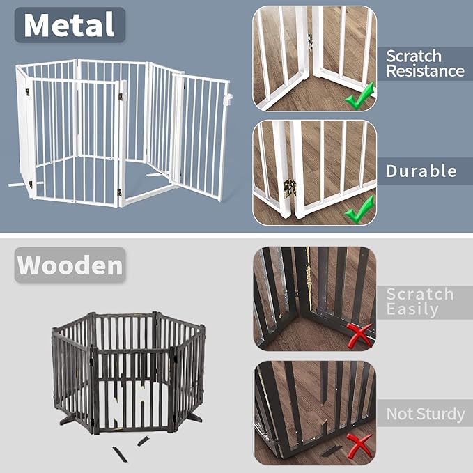 Metal Freestanding Dog Gates with Door for Outdoor Indoor,40'' Extra Wide 24'' Tall Free Standing Dog Gate for Doorways,Large Openings,Deck,Yard,Porch,Foldable Safety Pet Fence(White,2 Panels)