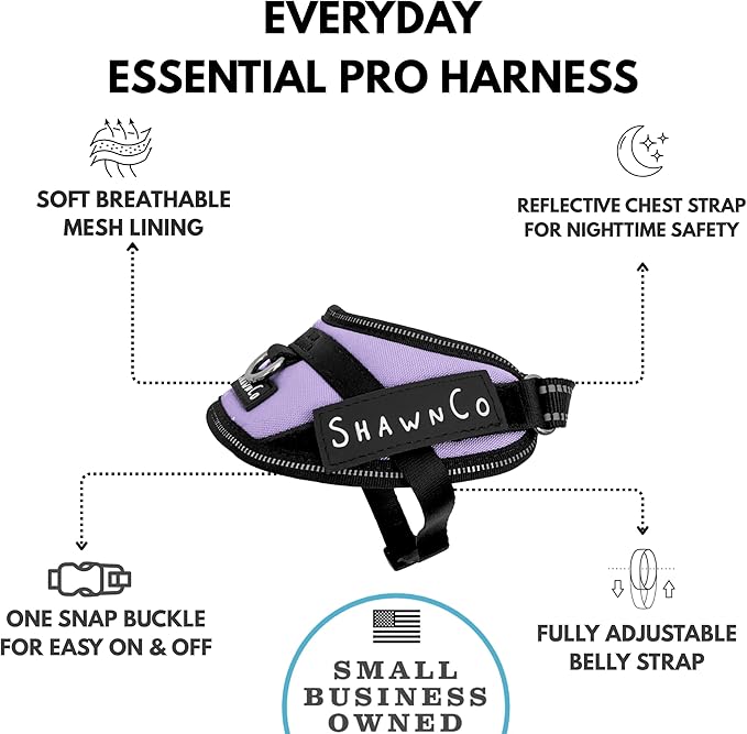 ShawnCo Essential Pro Dog Harness, No-Pull Pet Vest with 3 Leash Clips and Removable, Reflective Side Patches, Adjustable and Padded Harness for Small, Medium and Large Dogs (ICY Lilac, XS)