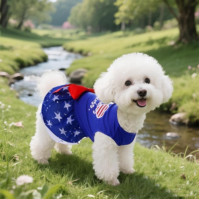 4th of July Dog Outfit Pet Puppy Printed Dresses with Sparkly Stars Summer Princess Skirt for Independence Day Party Small Medium Dog Outfit