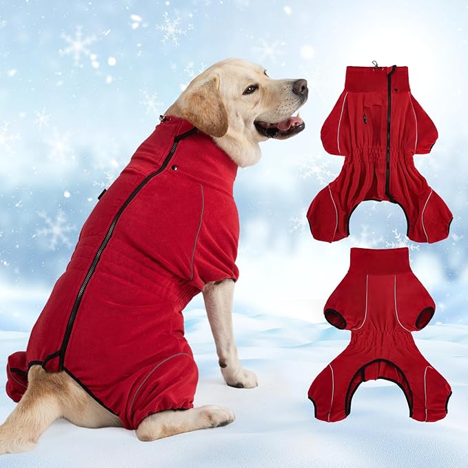 Mihachi Dog Snow Suit Dog Coat Soft Fleece Pullover Pajamas, Pet Windproof Warm Cold Weather Jacket with Zipper, Reflective Jumpsuit Apparel Outfit Clothes for Large Dog, Red L