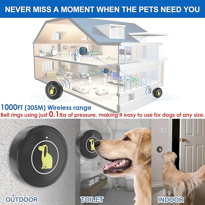 Dog Door Bell, Dog Bell for Training Doggie Door Bell for Dog Puppy Training Sliding Door/Go Outside Doorbell and Waterproof Touch Button