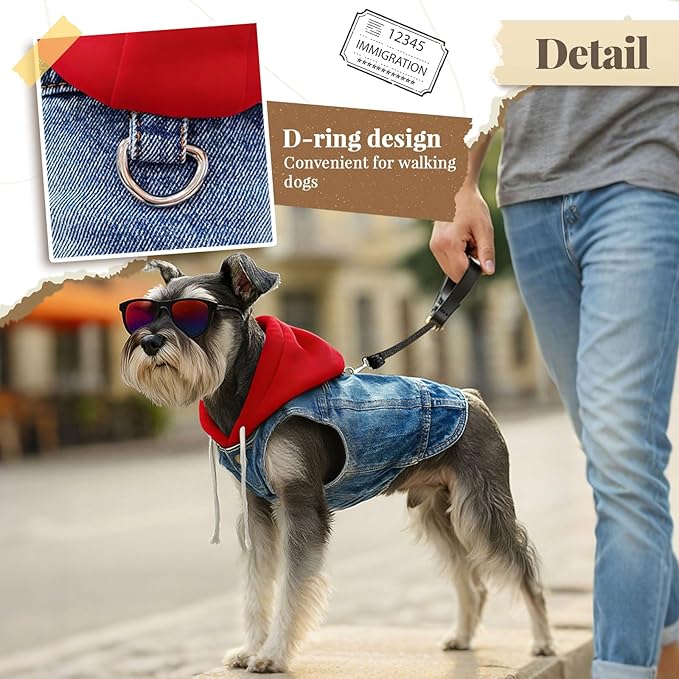 Cool Dog Jean Jacket Vest with D-Ring Blue Denim Dogs Hoodies Outfits for Small Medium Dogs Cats Boy Male Dog Clothes Costume Dogggie Puppy Harness Coat for Frenchie Walking(Red Hat,XS)