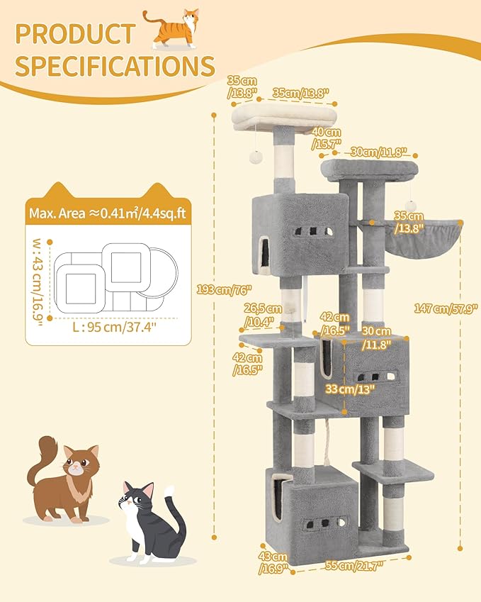 76" Cat Tree, Large Cat Tower for Indoor Cats, Multi-Level Cats House Furniture with 2 Platforms, 3 Condos, 7 Scratching Posts, 1 Basket, 3 Caves, Pompoms, Light Grey MS19218LG