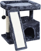 Small Cat Tree Tower for Indoor Use – Stable Condo with Scratching Post, Perch, Board, and Hideout for Kittens(Smoky Grey)