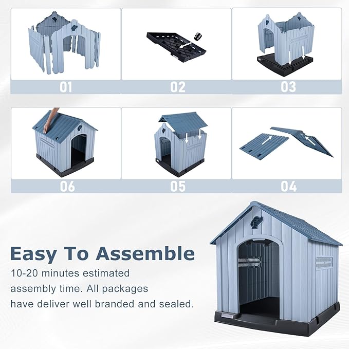 LEMBERI Durable Waterproof Plastic Dog House for Small to Large Sized Dogs, Indoor Outdoor Doghouse with Air Vents and Elevated Floor, Easy to Assemble (Blue, 40" L x 37.2" W x 40" H)