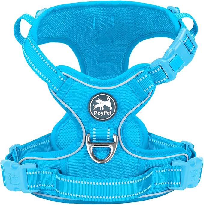 PoyPet No Pull Dog Harness, No Choke Reflective Dog Vest, Adjustable Pet Harnesses with Easy Control Padded Handle for Small Medium Large Dogs(Blue,XL)