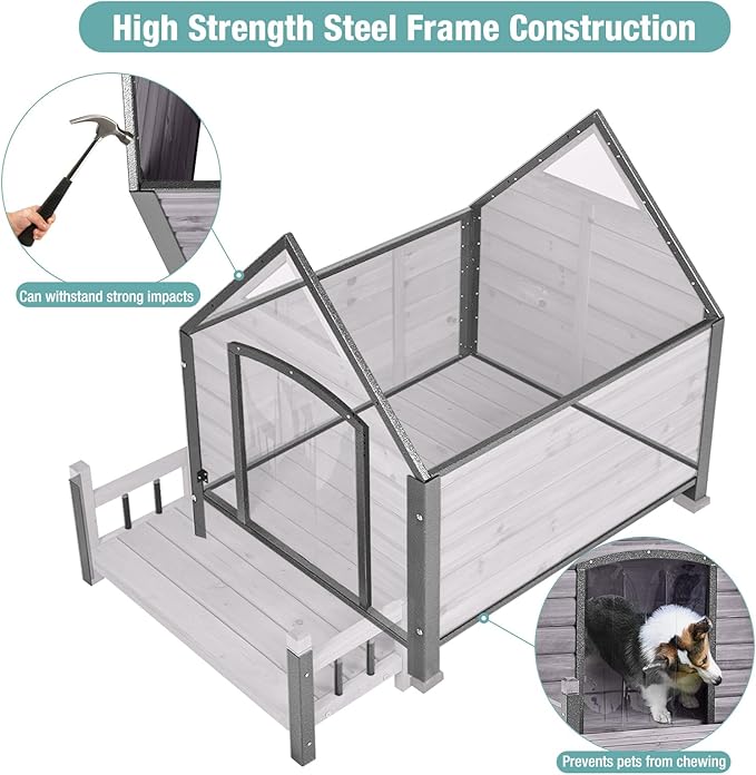 Dog House for Outdoor/Indoor, Weatherproof Outdoor Kennel for Large Dogs, Chew-Resistant Iron Frame & Asphalt Roof (Grey, L)