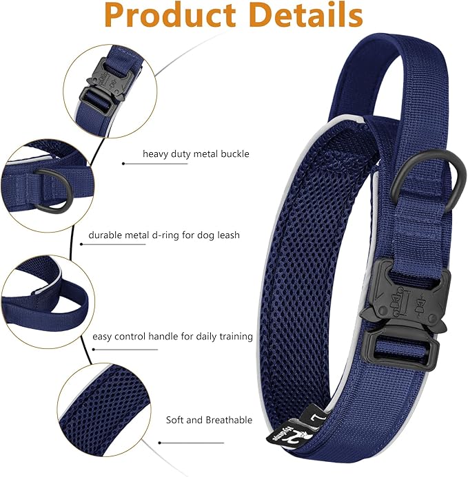 HYDEME Tactical Dog Collar, Alpine Loop Adjustable Military Training Nylon Dog Collars with Handle and Reflective for Small Medium Large Dogs, with Airtags Protective Case & Patches.(M,Deepblue)