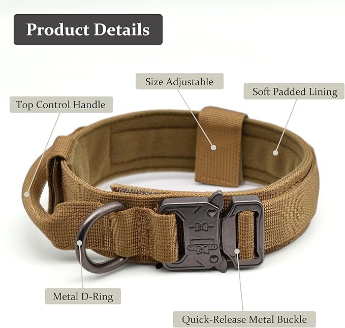 Tactical Dog Collar, Adjustable Military Training Nylon Dog Collar with Control Handle and Heavy Quick-Release Metal Buckle for Small Medium Large Dogs, Brown S