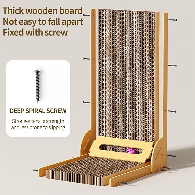 L-Shaped Cat Scratcher for Indoor Cats – Durable Cardboard Scratching Pad with Ball Toy & Catnip, Furniture Protector Cat Scratcher Lounge, Large Cat Scratch Board (Natural Design)