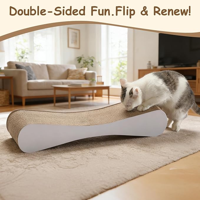 Pillow Cat Scratcher, 25.6" Large Corrugated Cardboard Scratch Pad, Double-Sided Reversible Cat Lounge Bed with White Coated Surface, Durable Scratching Board for Indoor Cats