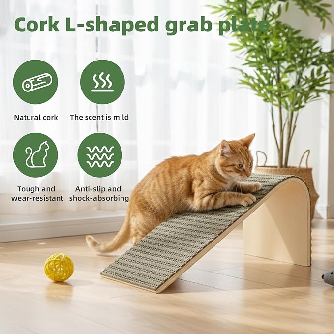 THAKWEN Natural Cork L-Shaped Cat Scratcher, Eco-Friendly Corrugated Paper Wear-Resistant Cat Scratching Pad, Wall/Sofa-Mounted Cat Claw Grinding Toy for Small Apartments, Pet Supplies (Mint Green)