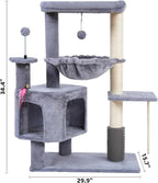 Cat Tree with Cat Condo and Hammock for Indoor Cats, Cat Tree with Self-Grooming Brush and Toy Balls,Cat Tower with Scratching Posts,Grey