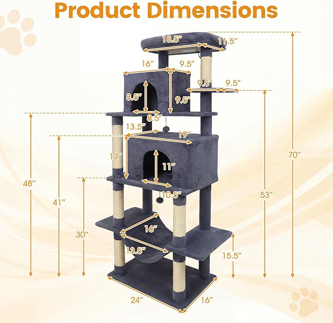 PETSITE 70-inch Tall Cat Tree, Modern Multi-Level Cat Tower with 2 Comfy Condos, Sisal Scratching Posts, Snug Hammock, and Dangling Ball, Ideal for Indoor Cats and Kittens (Dark Grey)