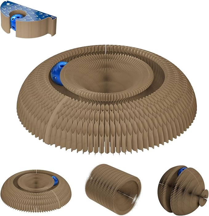 Kitty Curlz Magic Organ Cat Scratching Board with Bell Ball,Foldable Accordion Kitty Curls Cat Scratcher,Reversible Curling Toy for Indoor Cats,Blue Small Fish