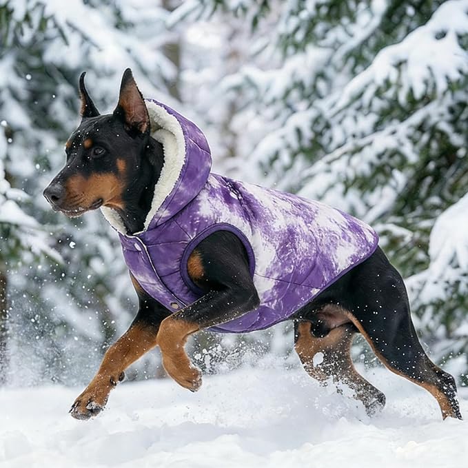 SAWMONG Fleece Hoodie, Windproof Waterproof Dog Coat with Fleece & Cotton Lining, Warm Jacket for Cold Weather Vest for Large Dogs