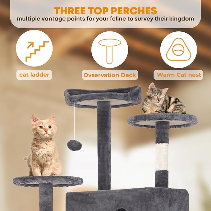 70in Cat Tree for Indoor Cats, Cat Tower with Cat Scratching Post, Multi-Level Cat Furniture, Cat Tower with Funny Toys for Kittens-Light Gray